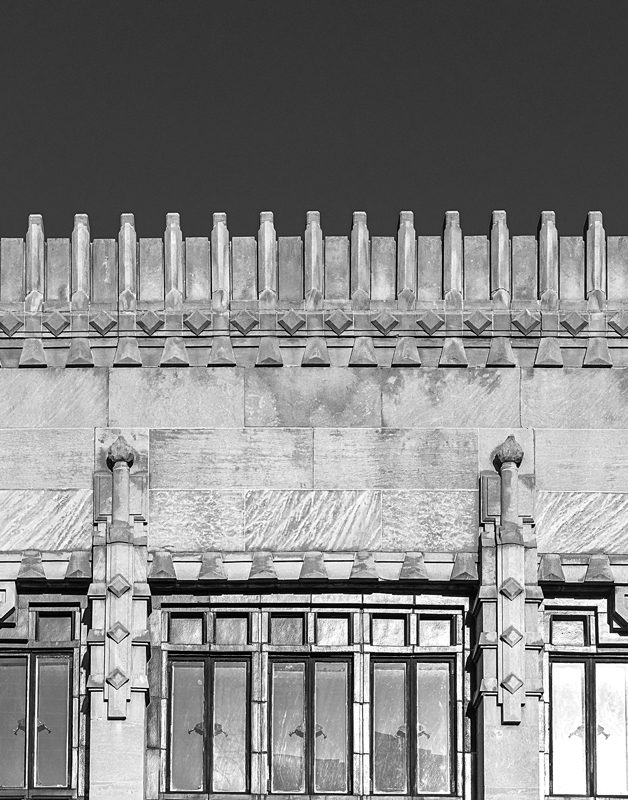 A black-and-white building facade.