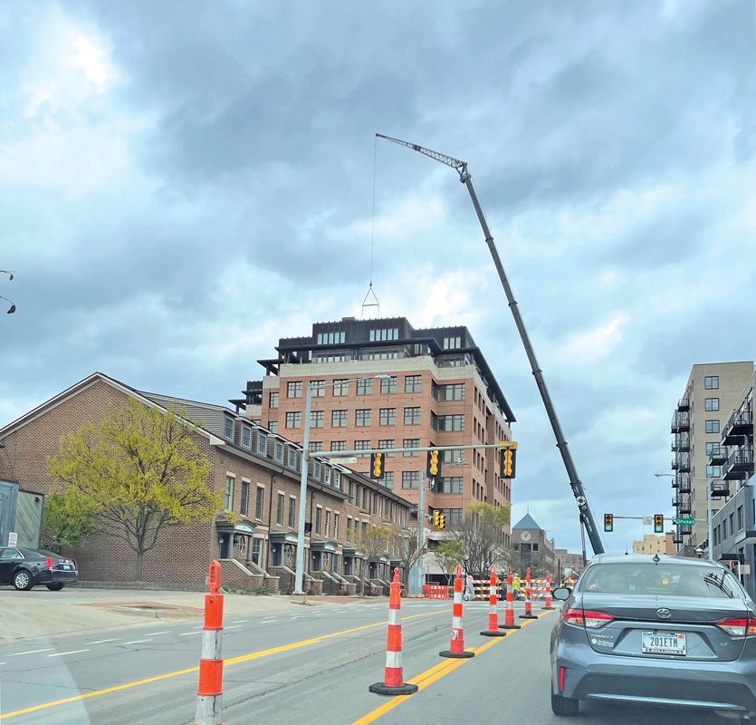 DTE office building with a crane under construction.