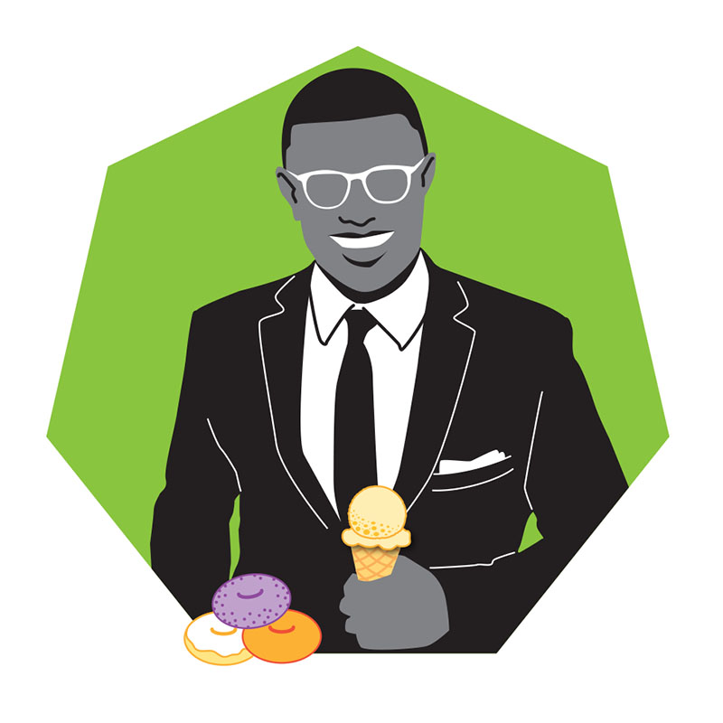 Illustration of a man in a suit eating donuts and ice cream.