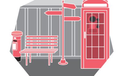 Illustration of a park bench, wayfinding signs, and a phone booth