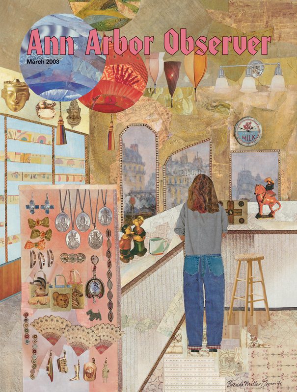 An illustration of a woman standing in a store filled with counterculture treasures. 