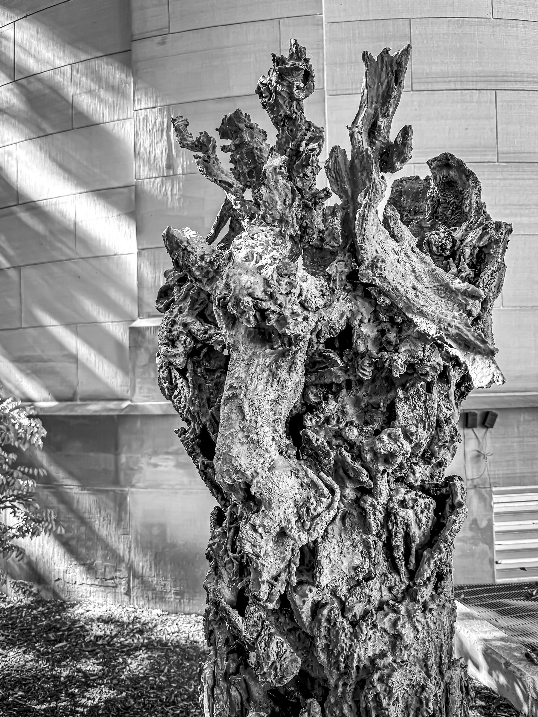 Black and white photo of a gnarled statue.