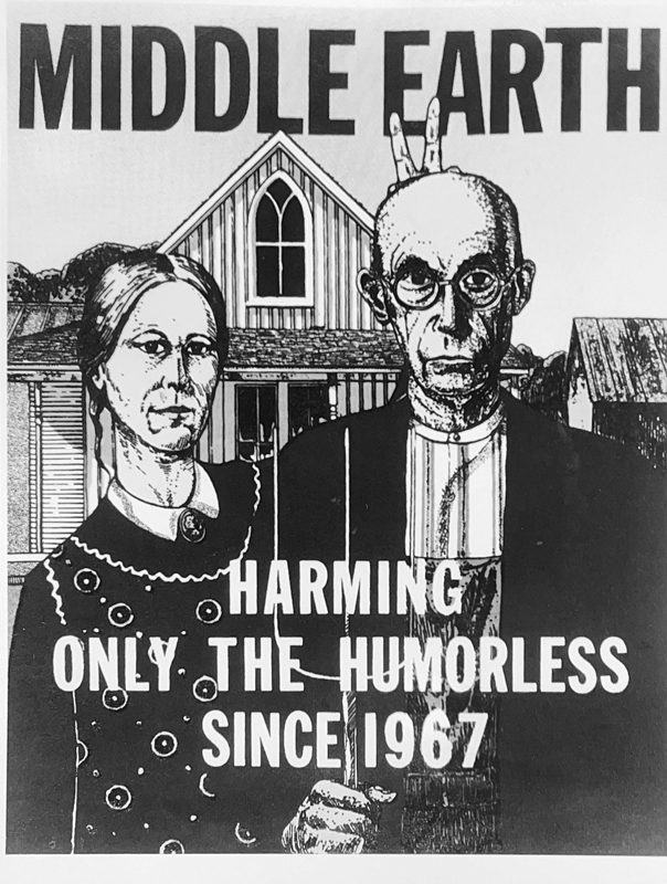 An advertisement for Middle Earth playing on a famous painting of a farmer and his wife.