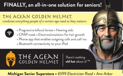 A fake ad for the Agean Golden Helmet, with a man in a golden helmet and a list of features