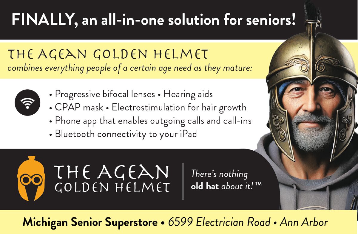 A fake ad for the Agean Golden Helmet, with a man in a golden helmet and a list of features