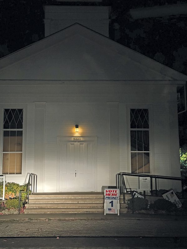 The exterior of the polling place early in the morning. 