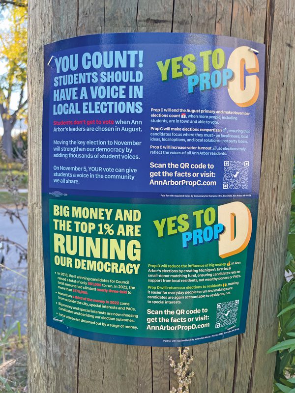 A campaign sign supporting Prop C and Prop D attached to a post.