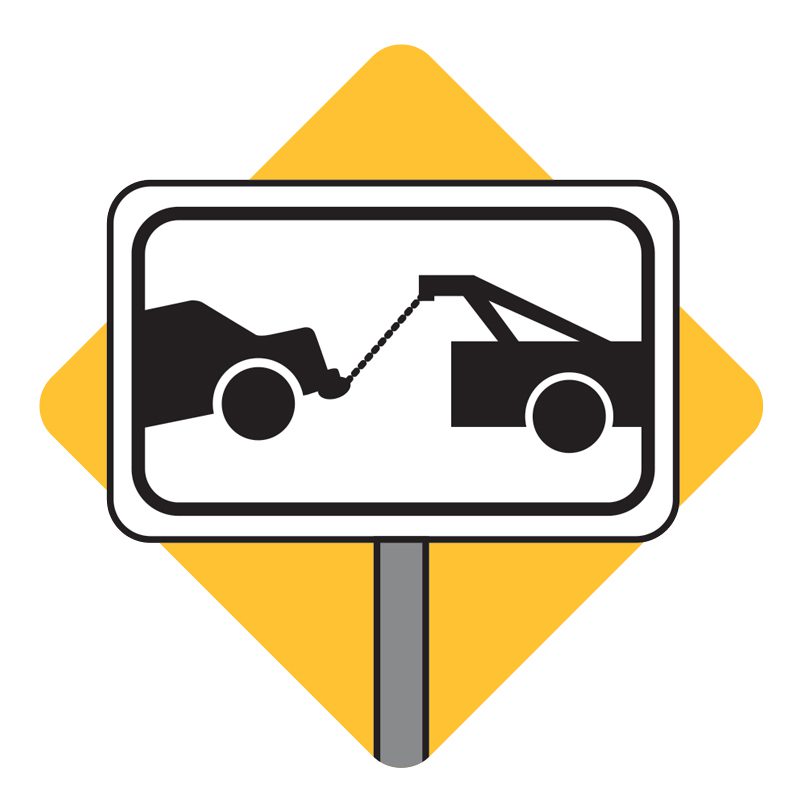 Illustration of a road sign with a graphic of a tow truck towing a car