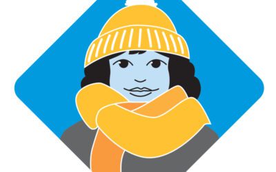 Illustration of a smiling woman wearing a scarf and hat.