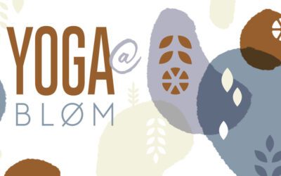 White background with lilac and brown paisley geometric shapes. Text that says Yoga @ Bløm