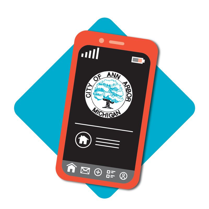 illustration of a phone open on the A2 Fix It app, which features the seal of the City of Ann Arbor, a white circle with a tree in it