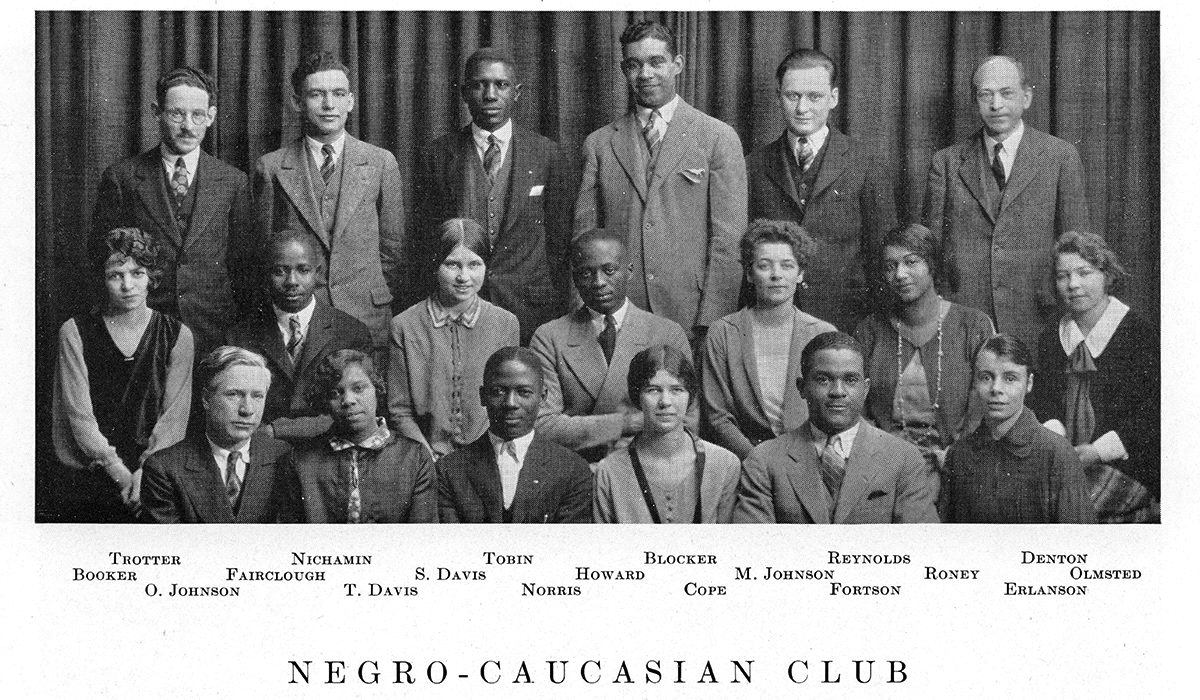 a black and white yearbook photo of thirteen people with their names and the text Negro-Caucasian Club