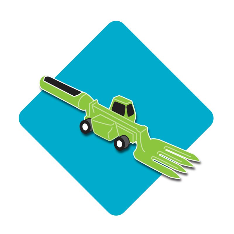 Illustration of a green forklift with an eating utensil fork.