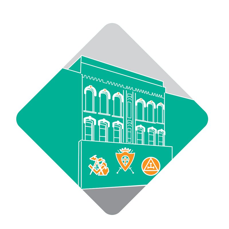 Illustration of a building with Masonic symbols on the exterior