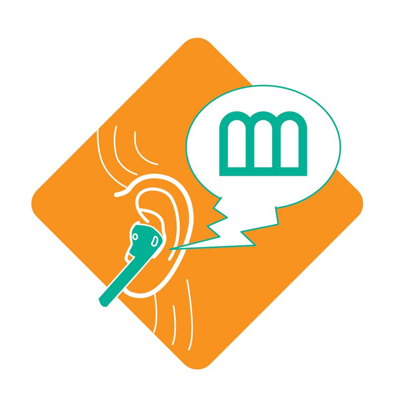 Illustration of an ear with an earbud, and a voice bubble that contains the logo for the Michigan Theater.