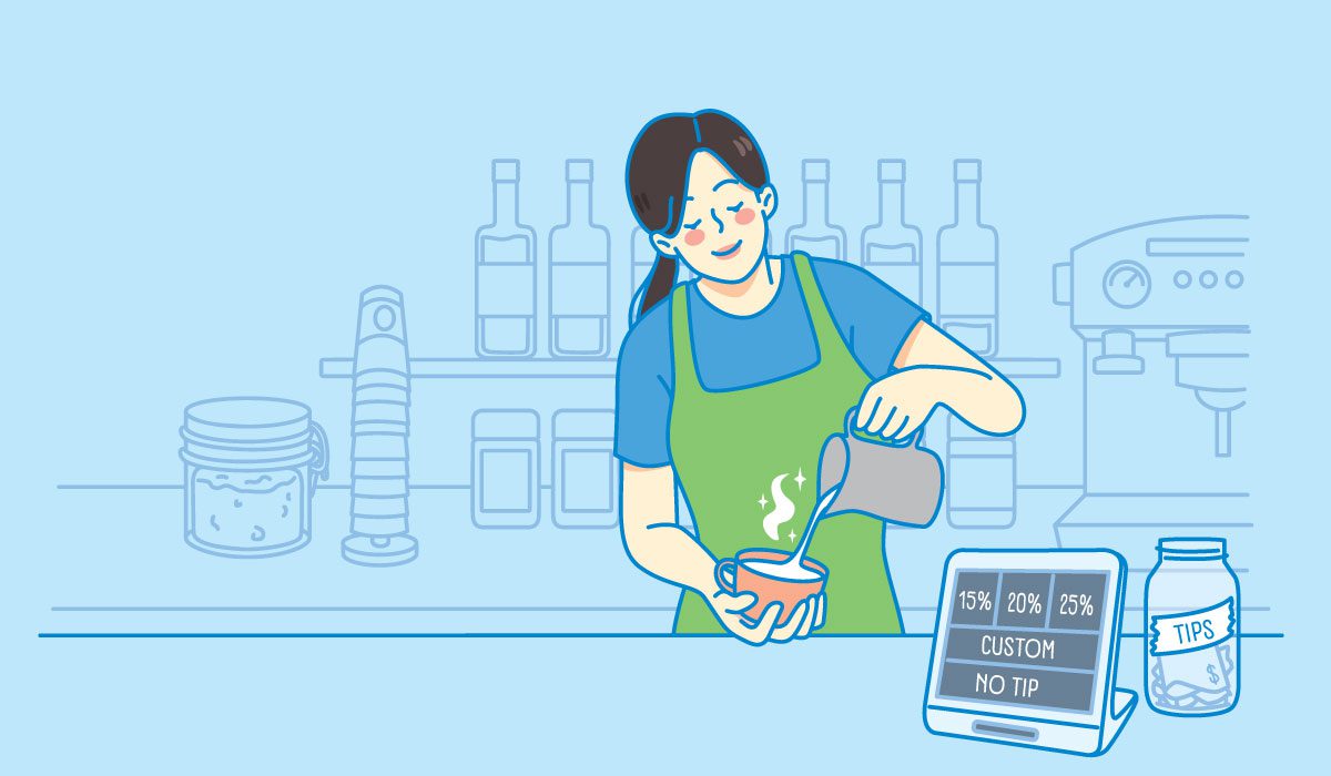 Illustration of a barista pouring a coffee drink in a coffee shop. In the foreground is a tip screen.