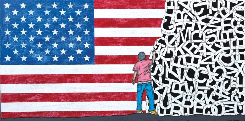 Illustration of a graffiti artist in front of an American flag, drawing a series of letters on the right-hand side of the flag.