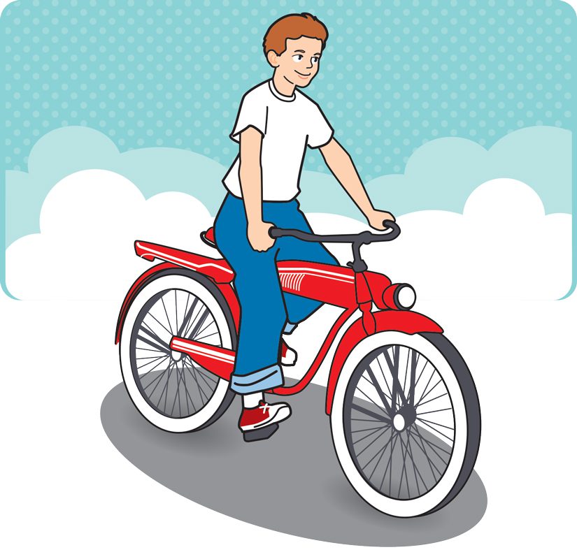 Illustration of a ten-year-old boy riding a bicycle and looking like he could conquer the world.