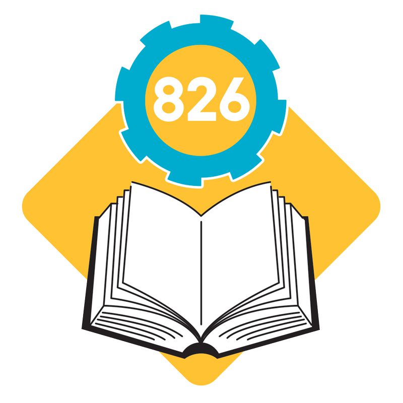 illustration of a book with a gear floating above it. inside the gear, it says 826.