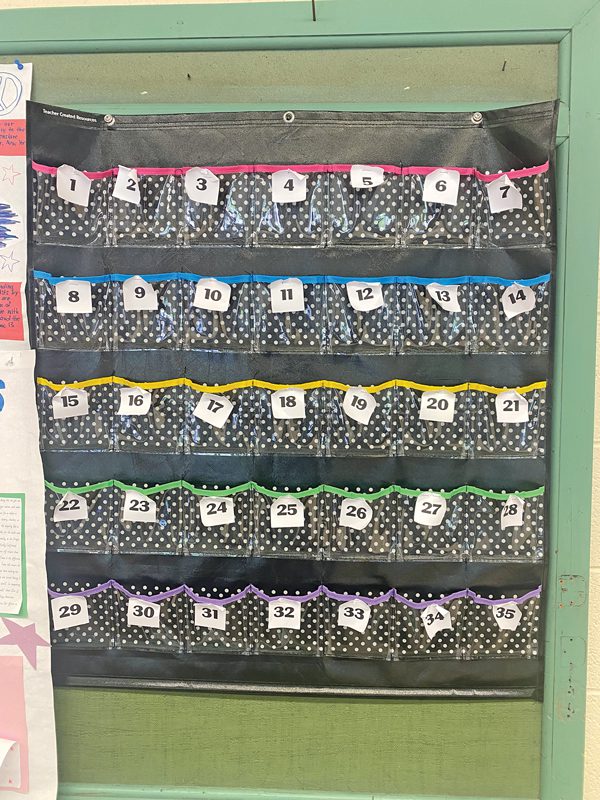 A cell phone caddy: a big piece of fabric with plastic pockets labeled with numbers.