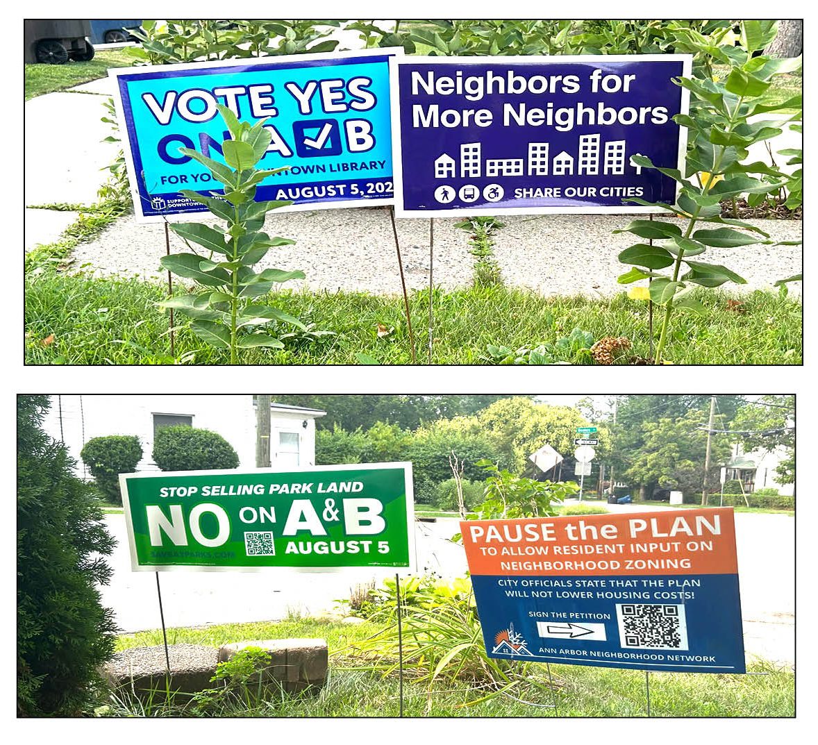 Signs supporting and opposing two Ann Arbor charter amendments, August 2025.