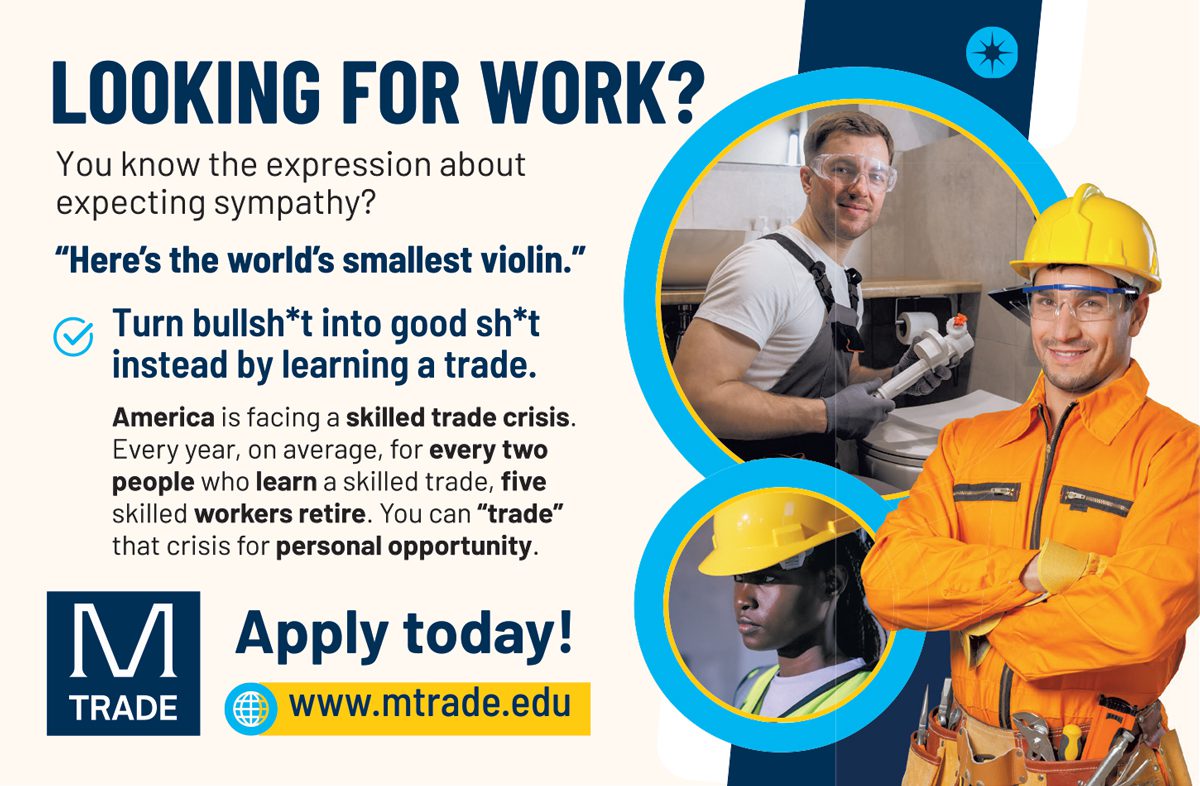 A fake ad for a school called M Trade