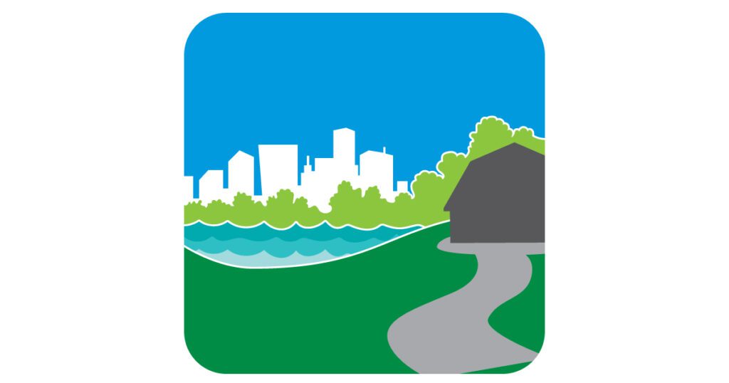 Illustration of a barn near some water with a city in the background