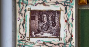 Tile with a small portrait of Elisabeth Thoburn