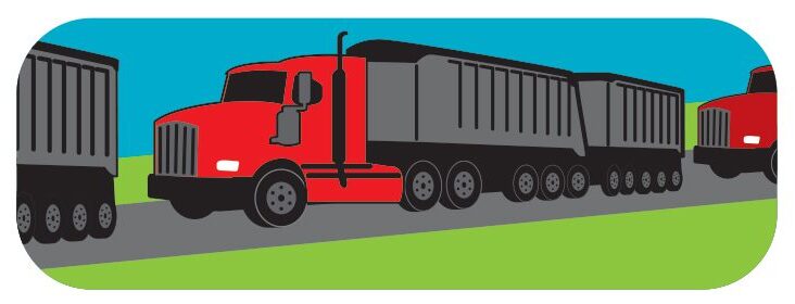 Illustration of a line of three red semi trucks hauling gravel