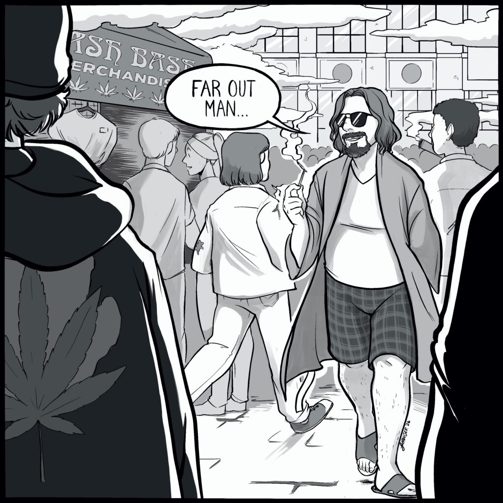 Comic of "The Dude" wandering through Hash Bash holding a joint. He's saying, "Far out, man."