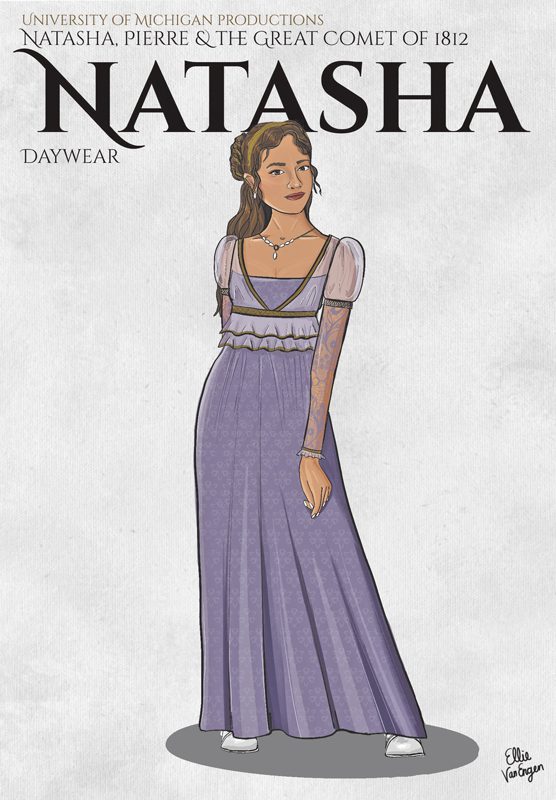Illustration of a woman in a long purple dress. In the background, it says NATASHA.