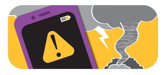 Illustration of a cell phone with an exclamation point on it. In the background is a tornado.