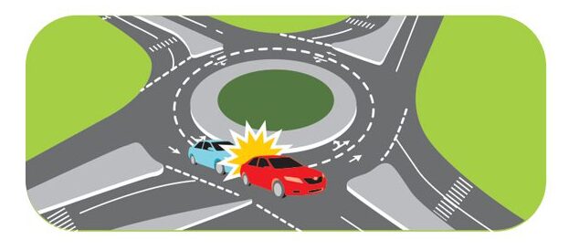 Illustration of one car rear-ending another car in a roundabout