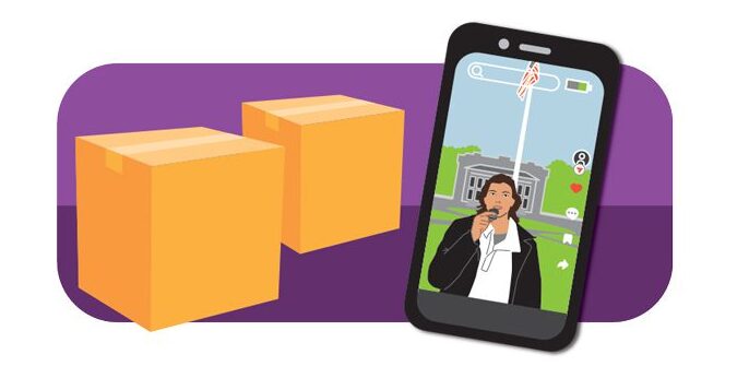 Illustration of a cell phone open to a TikTok video of Rachael Merritt. To the left are two boxes ready for delivery. 