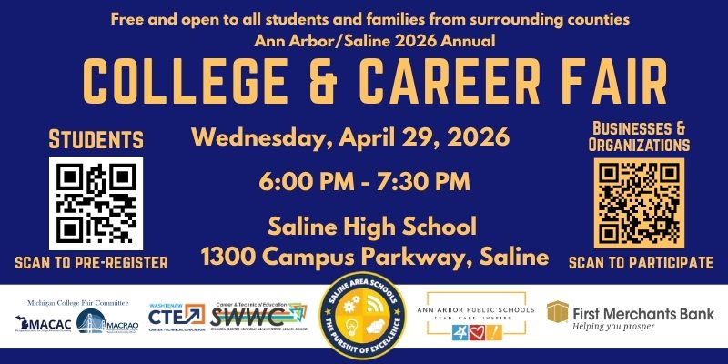 advertisement college and career fair April 29 saline high School fee for all students scan QR to preregister