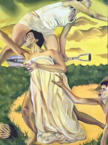 Knit Narrative, an exhibit of artwork by Reese Ford, Stella Moore, and Hana Ichikawa, runs at Riverside Arts Center in Ypsi Apr. 26th-June 7th. Image: “Hunting Party,” Stella Moore, oil on canvas.