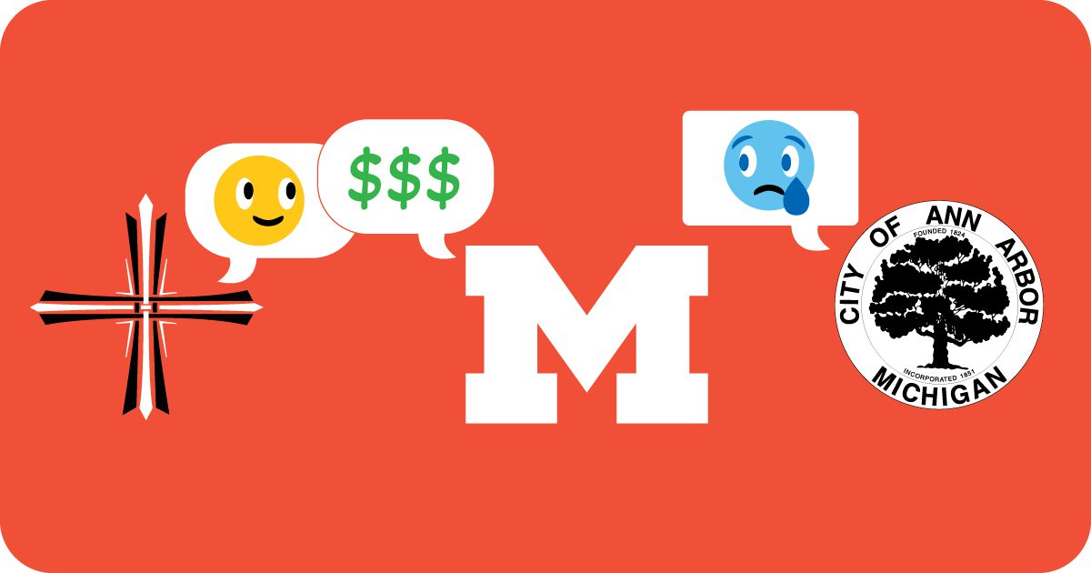 Illustration of the Concordia, U-M, and City of Ann Arbor logos, each with a voice bubble. U-M's has dollar signs, Concordia has a happy face, and Ann Arbor has a crying face. 
