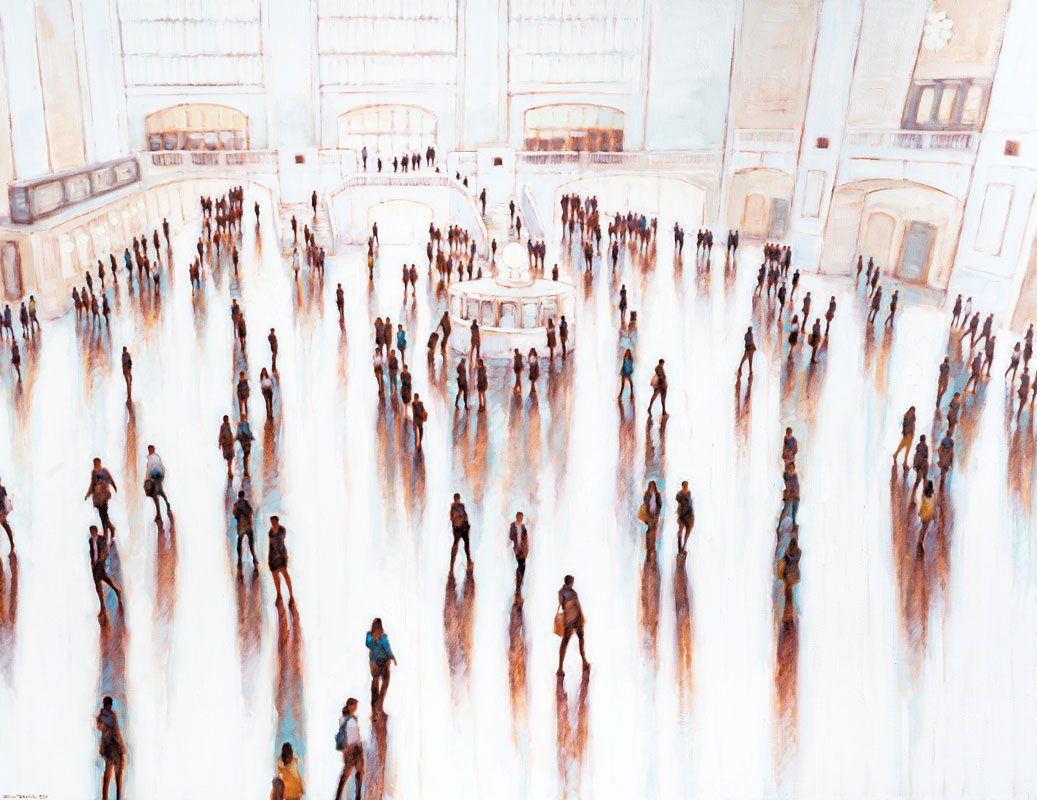 Painting of a crowded bus station.