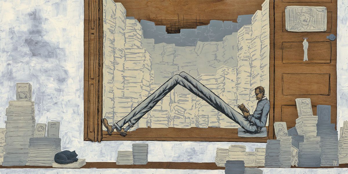 Painting of a long-legged man reading a book