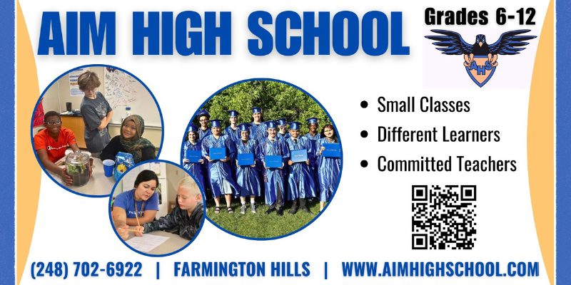advertisement for aim high school grades 6-12 248-702-6922 Farmington hills