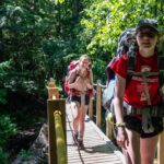 Two girls walking across a bridge through the woods.