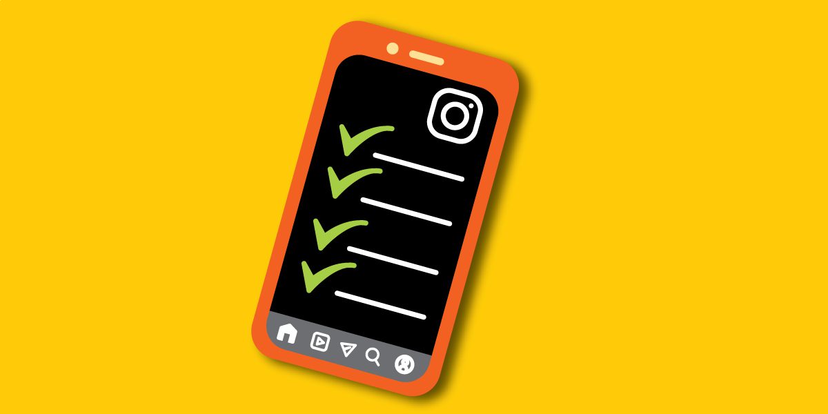 Illustration of a smartphone with the Instagram logo and a list.