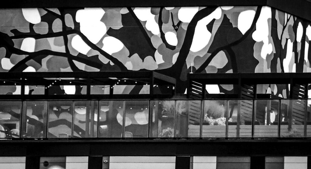 a black and white photo of a mural of trees
