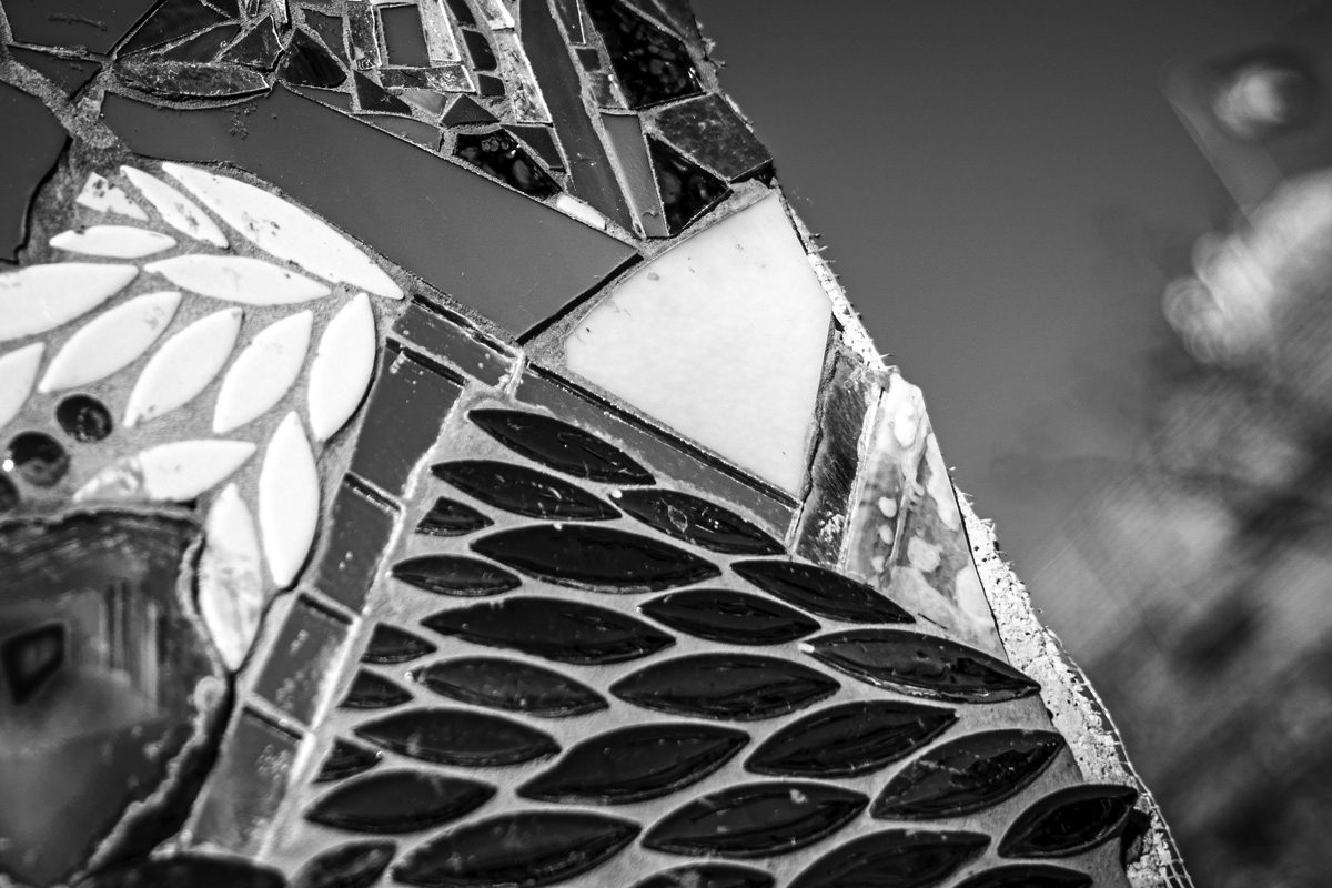 Black-and-white close-up photo of a mosaic