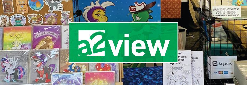 comic books on a shelf with a2view logo