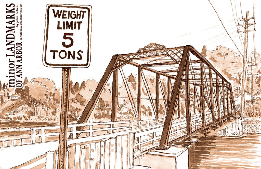 Illustration of the Foster Bridge stretching across the Huron River in fall. In the foreground is a sign that says "Weight Limit 5 Tons"