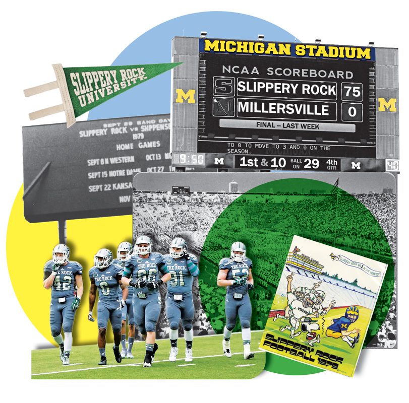 Collage of Slippery Rock photos and paraphernalia.