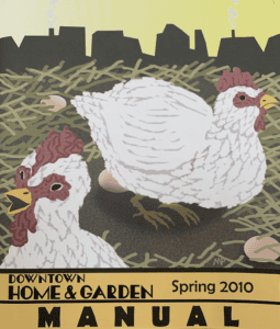 Newsletter with a cover featuring an illustration of two chickens in front of a city skyline.